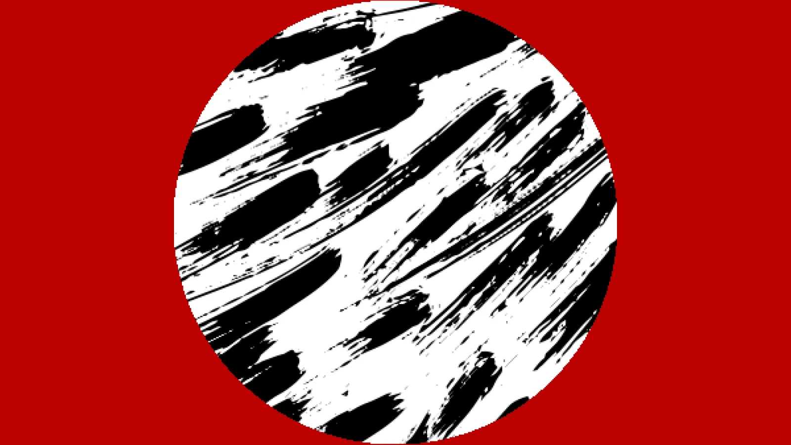 Red square with white circle in the middle and black brush strokes