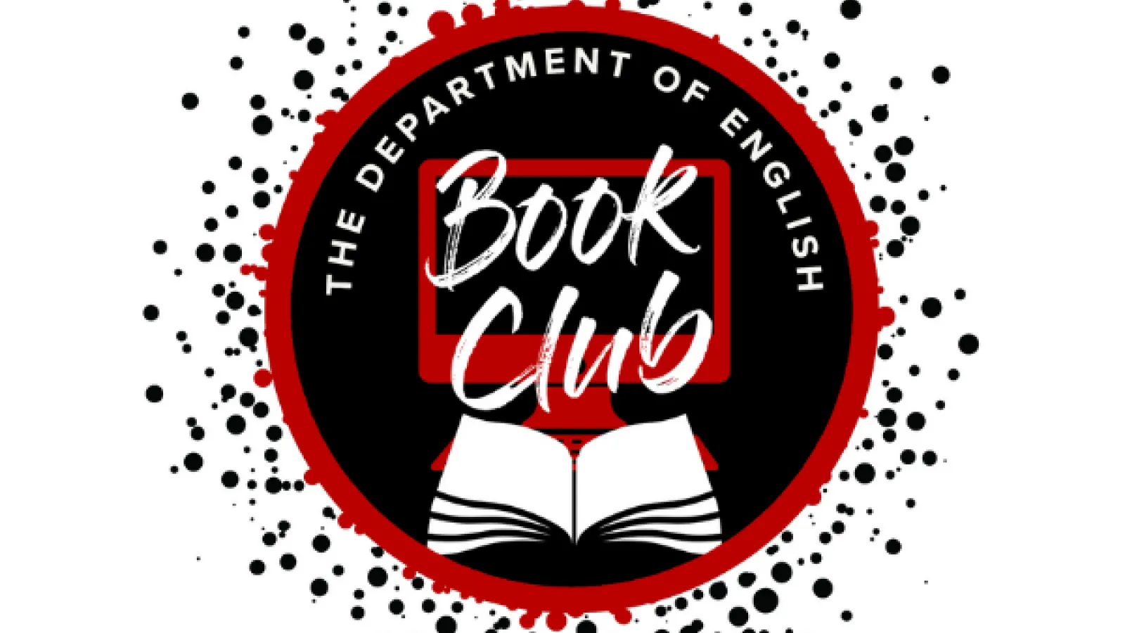 Department of English book club written above an open book and computer, on a black circle with red and black speckles in the background