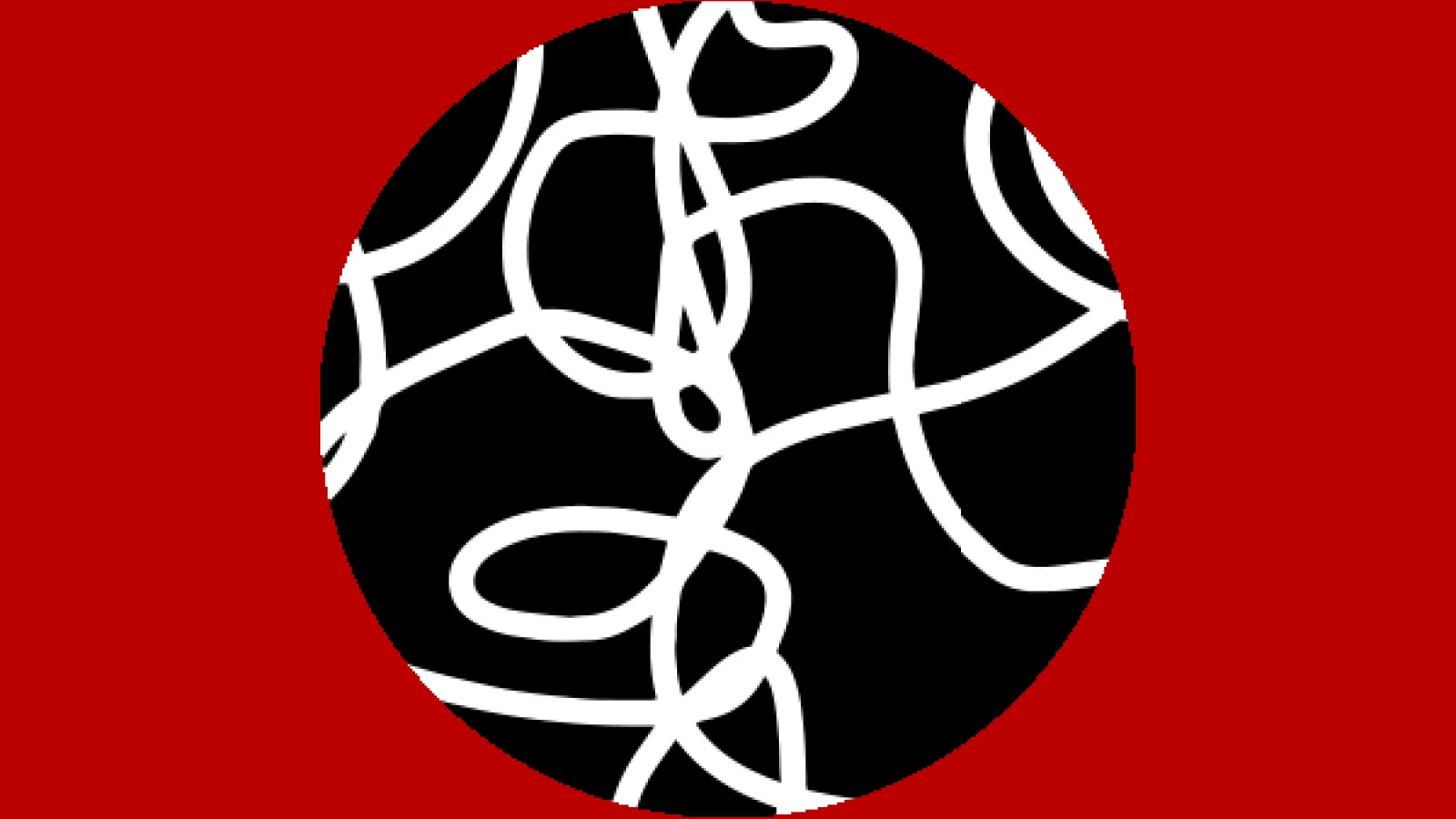 Squiggly white lines on black circle set to a red background
