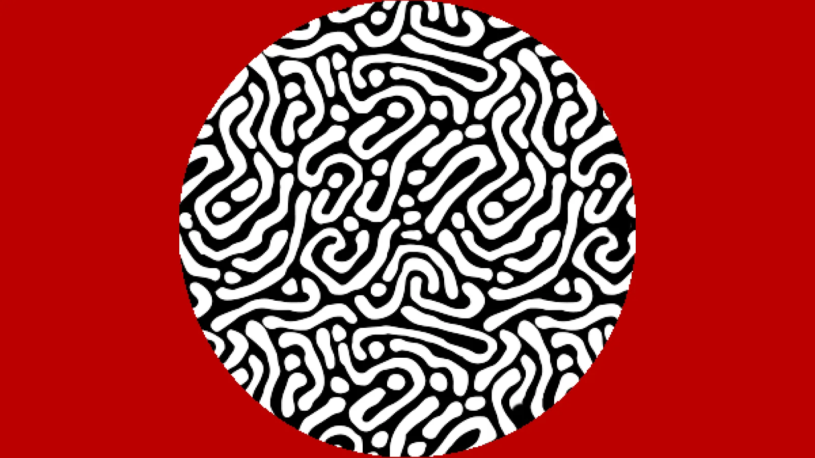 An abstract black and white drawing on a scarlet field