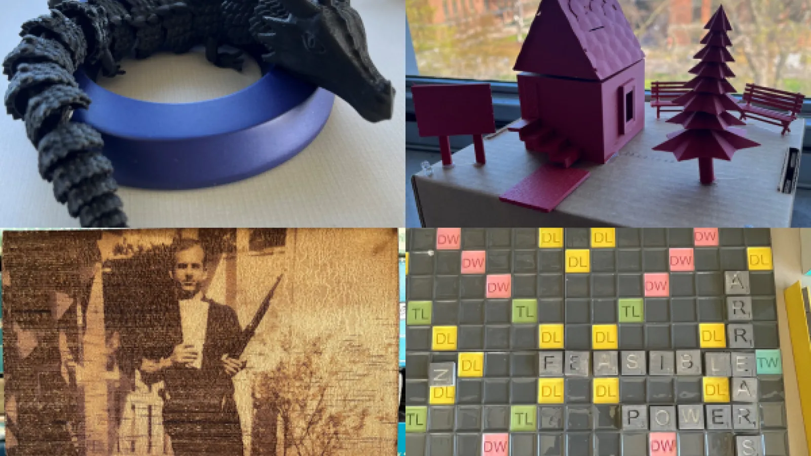 Four 3D printed projects: a black dragon; purple cabin and trees; collaged photo and word tiles; and a Scrabble board