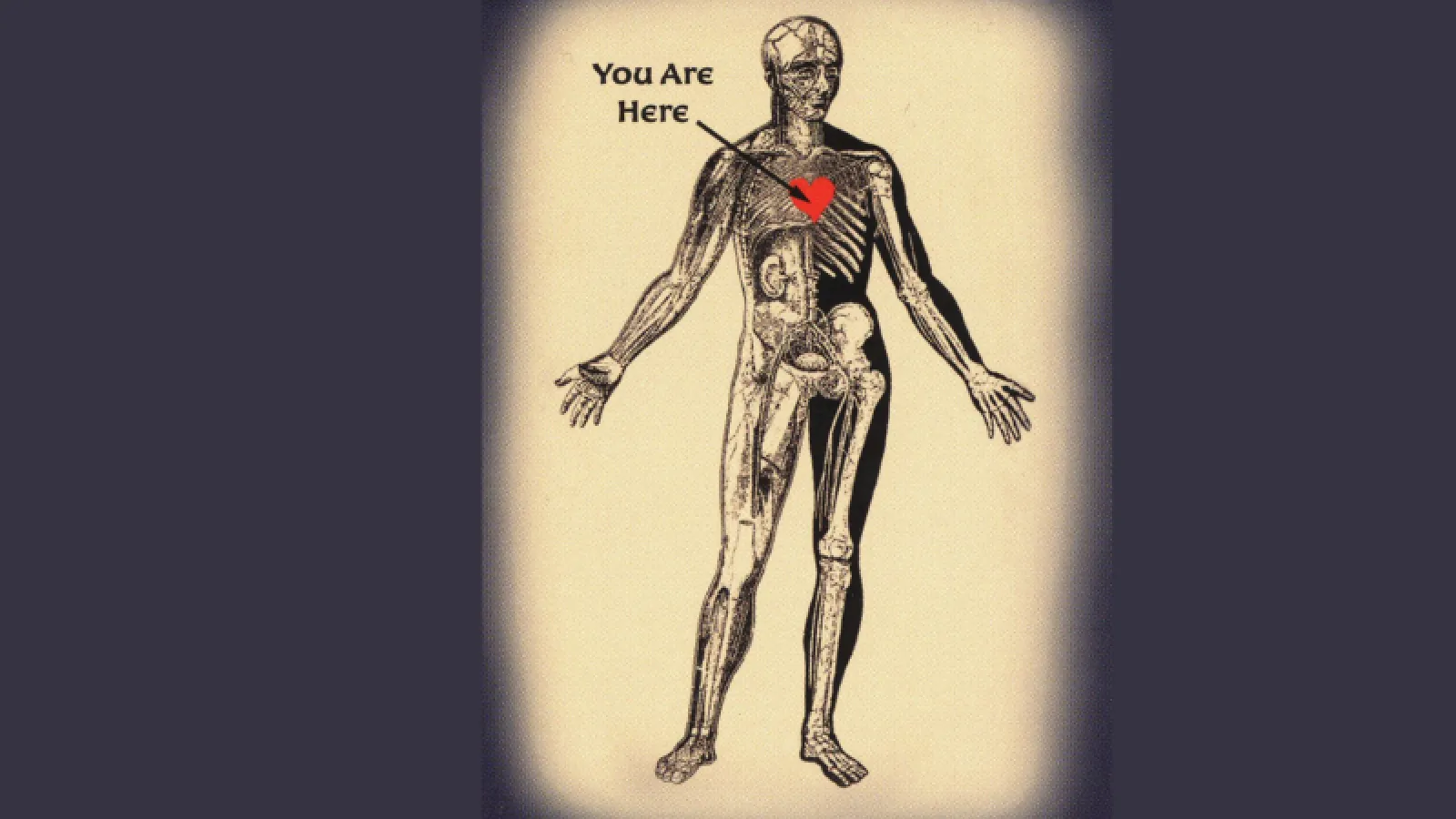 The words "You Are Here" point toward a red heart on a skeleton.