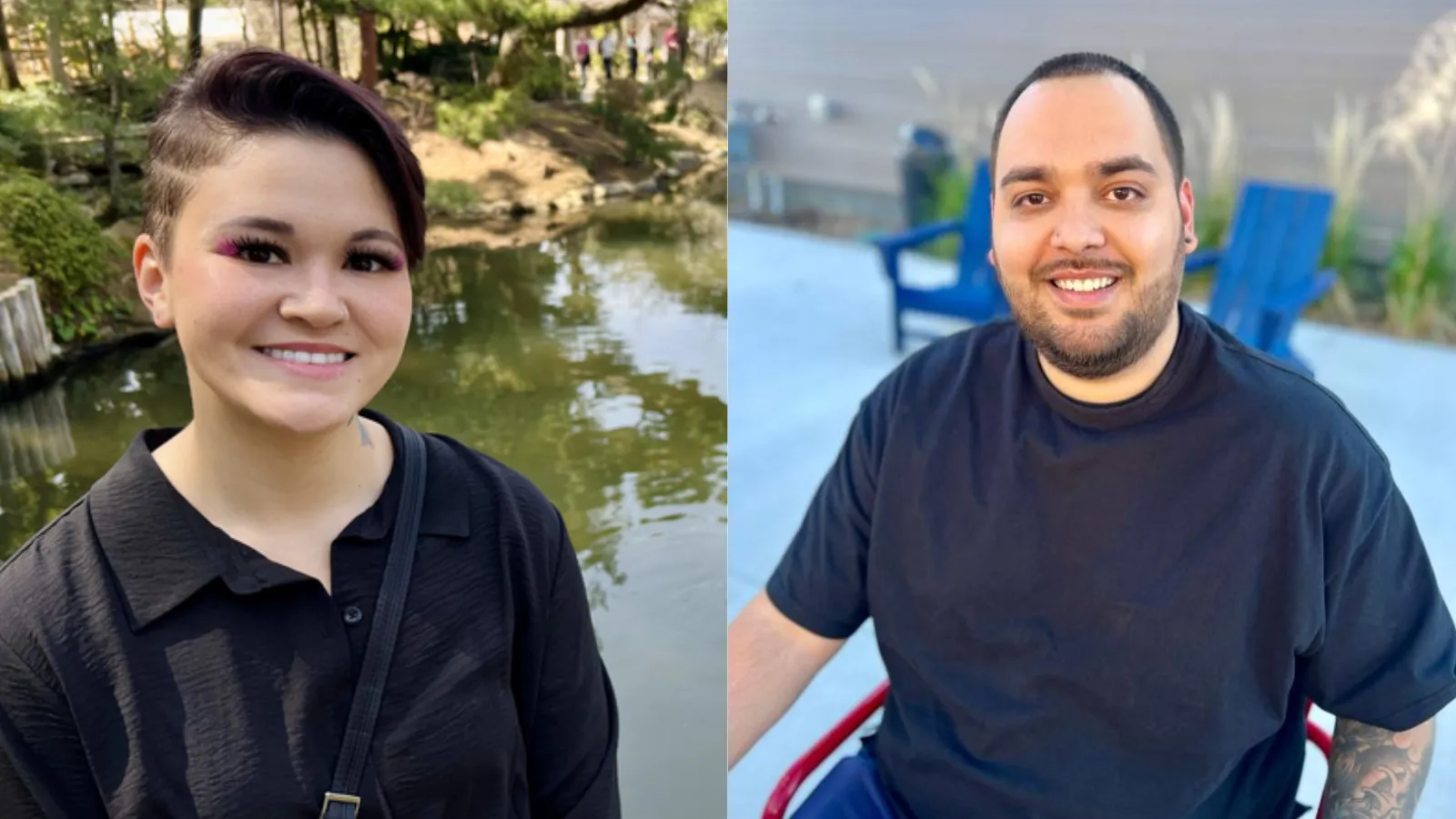 A split image shows a woman and man smiling. 