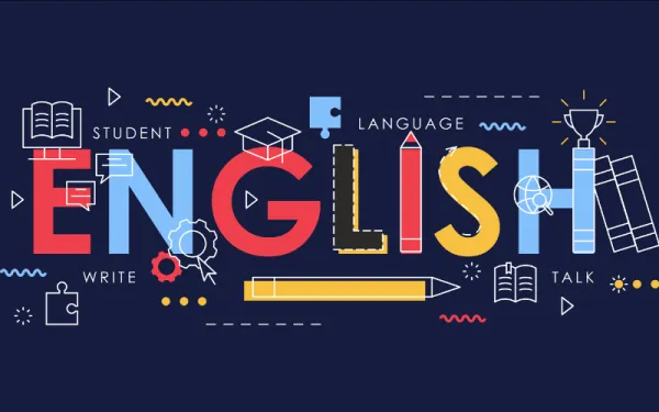 The word 'English,' surrounding by simple line drawings of various primary classroom objects
