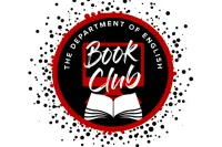 Department of English book club written above an open book and computer, on a black circle with red and black speckles in the background